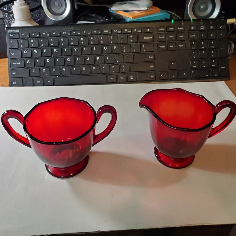 2-piece Ruby Red Glass Sugar Open Bowl and Creamer.